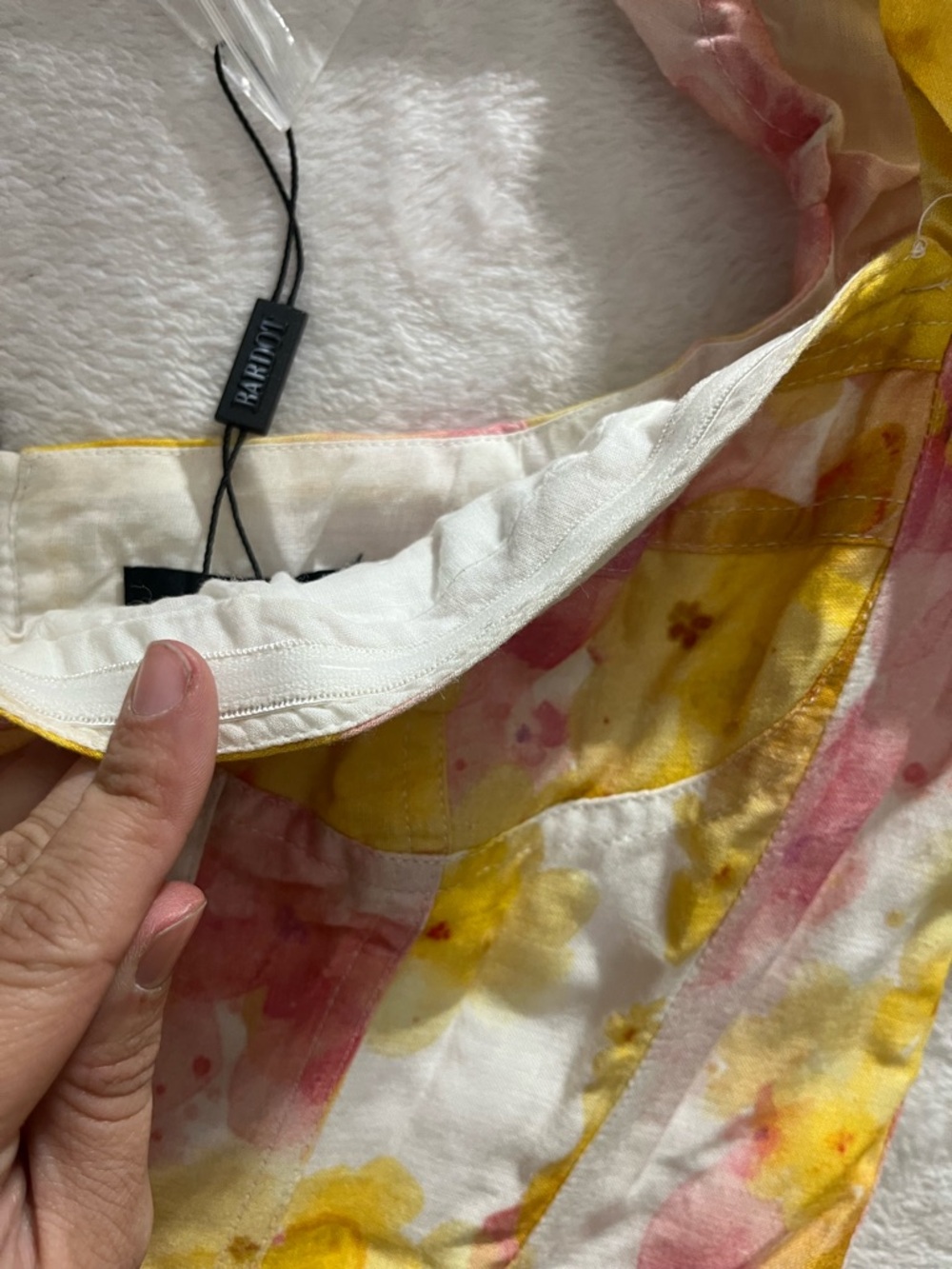 New BARDOT Kiah Floral Print Boned Corset Puff Sleeve Minidress In Pink Yellow L - Picture 7 of 16